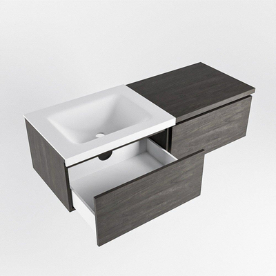 MONDIAZ BUKLA 120cm badmeubel met module 60 kleur Dark Brown met 2 lades. Wastafel CLOUD links 0 kraangaten kleur Talc.