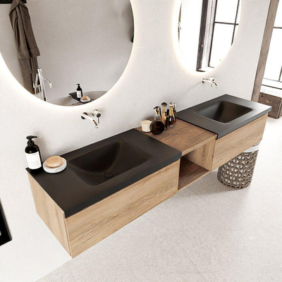 Mondiaz BUKLA Badkamermeubelset - 200x45x34cm - 0 kraangaten - 2 wasbakken solid surface - Urban - greeploos - 2 lades - Melamine - Washed Oak