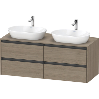 Duravit Ketho 2 wastafelonderbouwkast incl. consoleplaat met 4 laden voor dubbele waskommen 140x55x56.8cm met handgrepen antraciet eiken terra mat