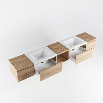 MONDIAZ BUKLA 240cm badmeubel met open module 40 midden kleur Washed Oak met 4 lades. Wastafel CLOUD dubbel 0 kraangaten kleur Talc.