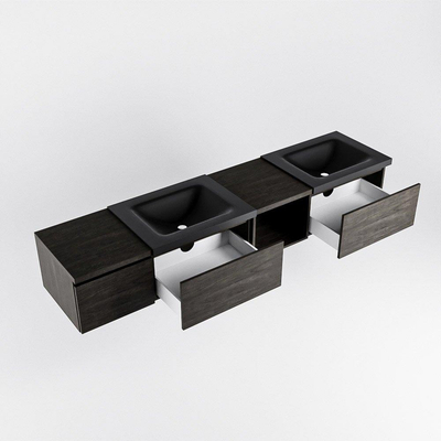 MONDIAZ BUKLA 200cm badmeubel met open module 40 rechts kleur Dark Brown met 3 lades. Wastafel CLOUD dubbel 2 kraangaten kleur Urban.