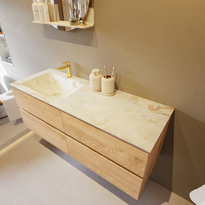 MONDIAZ VICA-DLUX Badkamermeubelset - 130cm - onderkast washed oak - 4 lades - inbouw wastafel cloud links - 1 kraangat - 60cm hoge versie - frape