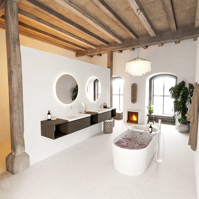 MONDIAZ BUKLA 280cm badmeubel met open module 40 L+M+R kleur Dark Brown met 2 lades. Wastafel CLOUD dubbel 0 kraangaten kleur Talc.