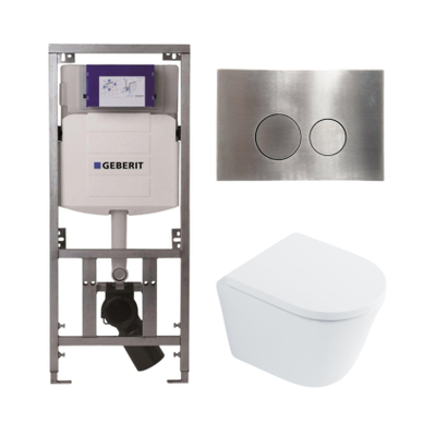 QeramiQ Dely Toiletset - 36.3x51.7cm - diepspoel - rimless - Geberit UP320 Burda inbouwreservoir - softclose toilet zitting 35 mm - steel bedieningsplaat - ronde knoppen - wit glans