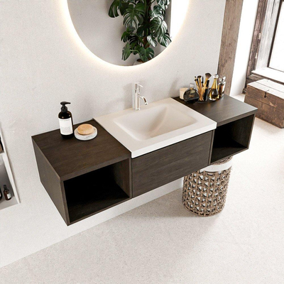 MONDIAZ BUKLA 140cm badmeubel met open module 40 L+R kleur Dark Brown met 2 lades. Wastafel CLOUD midden 1 kraangat kleur Talc.