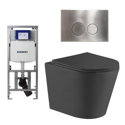 QeramiQ Dely Toiletset - 36.3x51.7cm - diepspoel - rimless - Geberit UP320 Burda inbouwreservoir - softclose toiletzitting - steel bedieningsplaat - ronde knoppen - zwart mat