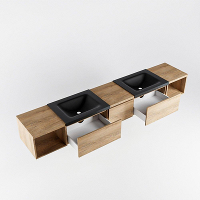 MONDIAZ BUKLA 240cm badmeubel met open module 40 L+R kleur Washed Oak met 3 lades. Wastafel CLOUD dubbel 2 kraangaten kleur Urban.