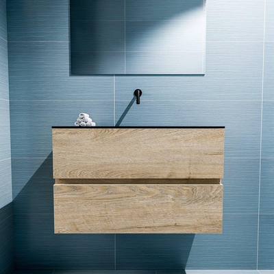 MONDIAZ ADA Toiletmeubel - 80x30x50cm - 0 kraangaten - 2 lades - washed oak mat - wasbak midden - Solid surface - Zwart