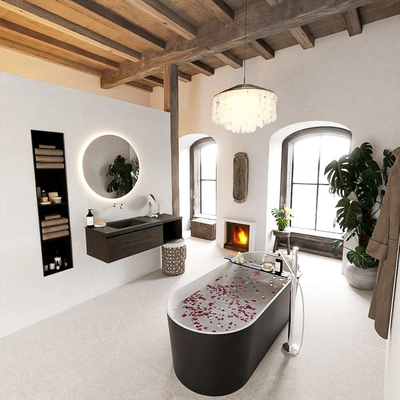 MONDIAZ BUKLA 120cm badmeubel met open module 40 kleur Dark Brown met 1 lade. Wastafel CLOUD links 0 kraangaten kleur Urban.