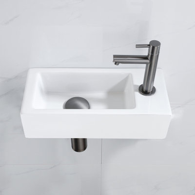 QeramiQ Fuente Fonteinset - 37.5x18.5x9cm - keramiek - kraangat rechts - fonteinkraan gunmetal - afvoerplug - verlaagd sifon - Mat wit