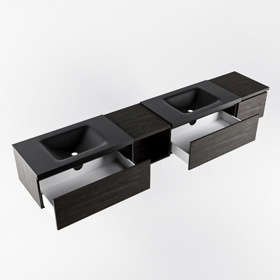 MONDIAZ BUKLA 240cm badmeubel met open module 40 links kleur Dark Brown met 3 lades. Wastafel CLOUD dubbel 2 kraangaten kleur Urban.