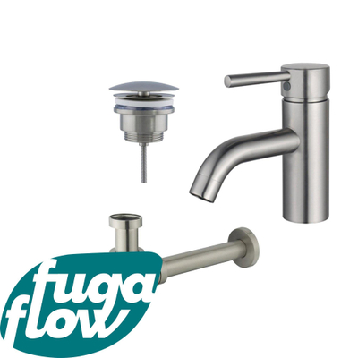 FugaFlow Eccelente Sobrado Badkamer Wastafelkraanset - lage wastafelkraan - always open plug - verlaagde design sifon - PVD Geborsteld RVS