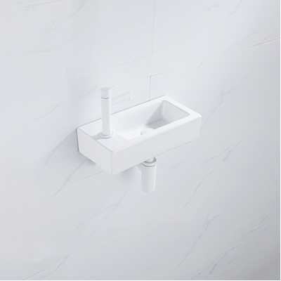 QeramiQ Fuente Fonteinset - 37.5x18.5x9cm - keramiek - kraangat links - fonteinkraan mat wit - afvoerplug - verlaagd sifon - Glans wit