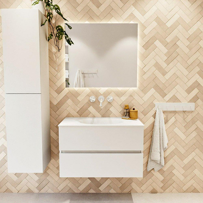 MONDIAZ VICA 80cm badmeubel onderkast Talc 2 lades. Wastafel MOON midden zonder kraangat, kleur Talc.