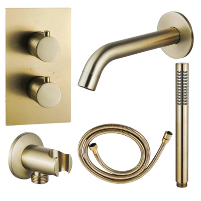 Fortifura Calvi Badkraan set - uitloop - 22cm inkortbaar - metalen slang - staafhanddouche - inbouwdeel - wandhouder - geborsteld messing