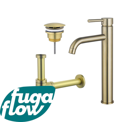 FugaFlow Eccelente Sobrado Badkamer Wastafelkraanset - verhoogde wastafelkraan - always open plug - design sifon - PVD Geborsteld Messing