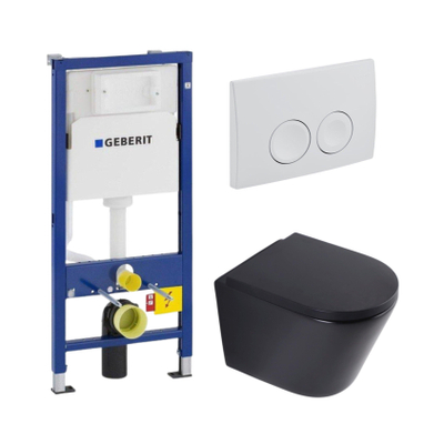 QeramiQ Dely Toiletset - Geberit UP100 inbouwreservoir - witte bedieningsplaat - softclose toilet zitting 35 mm - mat zwart