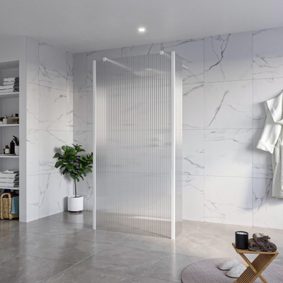 FugaFlow Eccelente Vetro Vrijstaande inloopdouche badkamer - 100x200cm - Helder geribbeld - antikalk - 8mm veiligheidsglas - 2 zijwanden 30cm - met wandarmen en hoekprofielen - Wit mat -