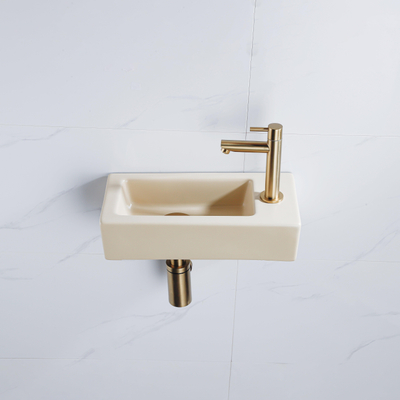 QeramiQ Fuente Fonteinset - 37.5x18.5x9cm - keramiek - kraangat rechts - fonteinkraan geborsteld messing - afvoerplug - verlaagd sifon - Mat Beige