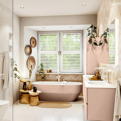 MONDIAZ VICA Badkamermeubelset - 200cm - onderkast rosee - 4 lades - wastafel moon dubbel - 2 kraangaten - 60cm hoge versie - talc