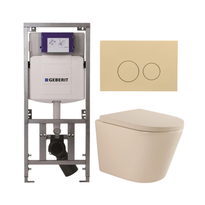QeramiQ Dely Toiletset - 36.3x51.7cm - diepspoel - rimless - Geberit UP320 inbouwreservoir - softclose toilet zitting 35 mm - bedieningsplaat beige - ronde knoppen - mat beige