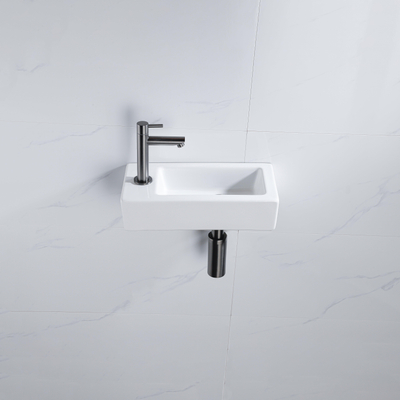 QeramiQ Fuente Fonteinset - 37.5x18.5x9cm - keramiek - kraangat links - fonteinkraan gunmetal - afvoerplug - verlaagd sifon - Glans wit