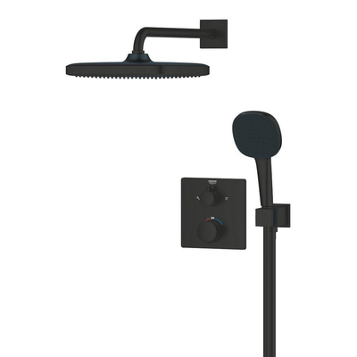 Grohe Precision showerset compleet m. handdouche ø11cm m. 2 straalsoorten en hoofddouche 25x25cmm. inbouw douchekraan therm. vierkant m. omstel mat zwart
