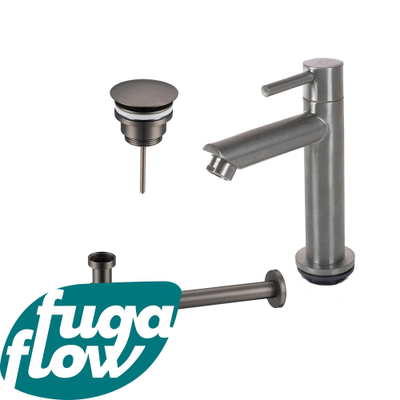 FugaFlow Eccelente Sobrado Badkamer fonteinkraanset met staande fonteinkraan laag, always open plug en design sifon PVD Gepolijst Gunmetal