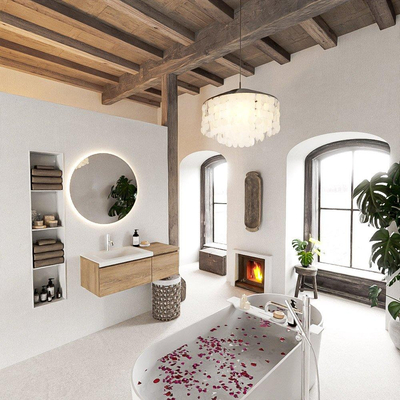 MONDIAZ BUKLA 100cm badmeubel met module 40 kleur Washed Oak met 2 lades. Wastafel CLOUD links 1 kraangat kleur Talc.