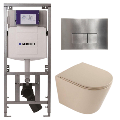 QeramiQ Dely Toiletset - 36.3x51.7cm - diepspoel - rimless - Geberit UP320 inbouwreservoir - softclose toilet zitting - steel bedieningsplaat - rechthoekige knoppen - mat beige