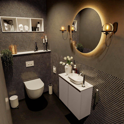 Mondiaz Fowy Toiletmeubel - 60x50x23cm - smoke mat - 1 kraangat - wasbak rechts - 2 deuren - solid surface - blad MDF - wasbak: wit