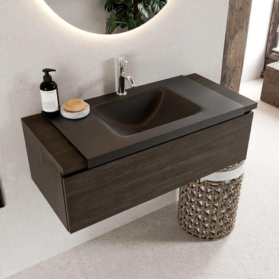 Mondiaz BUKLA badkamermeubelset 100x45x34cm 1 kraangat wasbak midden solid surface Urban greeploos 1 lade met softclose Melamine Dark brown
