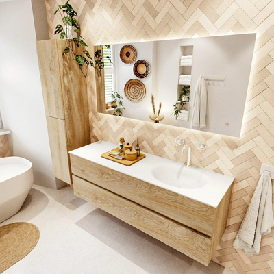 MONDIAZ VICA 150cm badmeubel onderkast Washed Oak 2 lades. Wastafel MOON rechts 1 kraangat, kleur Talc.