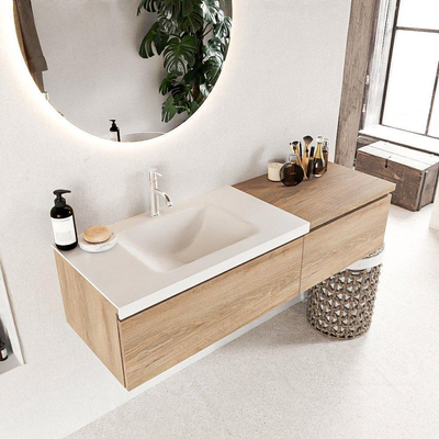 Mondiaz BUKLA Badkamermeubelset - 140x45x34cm - 1 kraangat - wasbak links - solid surface - Talc - greeploos - 2 lades - Melamine - Washed Oak