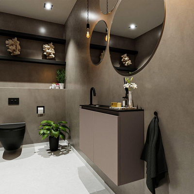 MONDIAZ TURE Fonteinset - 80x23x50cm - 1 kraangat - 2 deuren - smoke mat - Wasbak links - Solid Surface Zwart