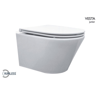 Wiesbaden Vesta junior wandcloset rimless verkort met Flatline toiletzitting softclose en quick release glans wit