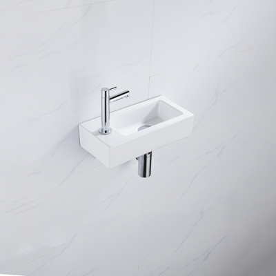 QeramiQ Fuente Fonteinset - 37.5x18.5x9cm - keramiek - kraangat links - fonteinkraan chroom - afvoerplug - verlaagd sifon - Glans wit