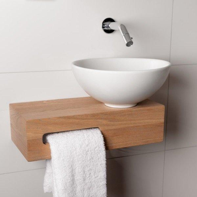 Wiesbaden Oak houten toiletset compleet met Hotbath inbouwkraan, Wiesbaden waskom rechts, houten blad, sifon en afvoerplug chroom