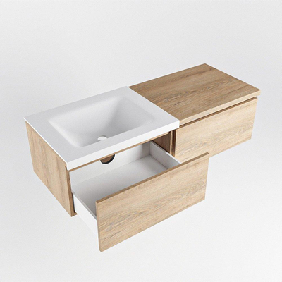 MONDIAZ BUKLA 120cm badmeubel met module 60 kleur Washed Oak met 2 lades. Wastafel CLOUD links 0 kraangaten kleur Talc.