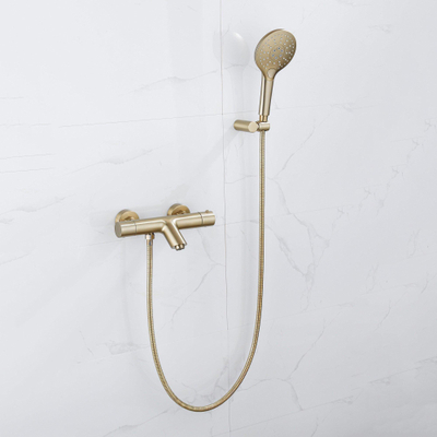 FugaFlow Eccelente Sobrado Badkamer Thermostatische badkraan met ronde handdouche, handdouchehouder en metalen doucheslang Geborsteld Messing PVD