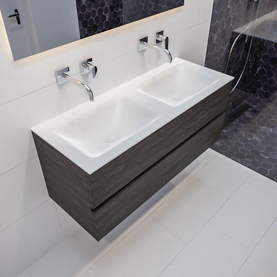 MONDIAZ VICA Badkamermeubelset - 120cm - 2 lades - wasbak Cloud dubbel - 0 kraangaten - solid surface dark brown