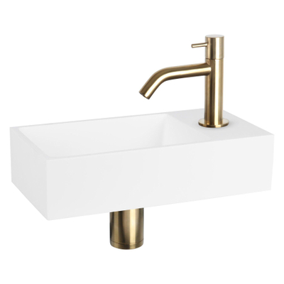 Differnz Solid fonteinset - 36x18.5x9cm - Rechthoek - 1 kraangat - Gebogen matte gouden kraan - Solid surface Wit