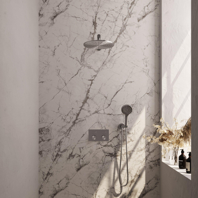 BRAUER Brushed Edition Thermostatische Regendouche inbouw - drukknoppen - SET 56 - 30cm hoofddouche - rechte muurarm - 3 standen handdouche - doucheslang - wandaansluitbocht - RVS geborsteld PVD