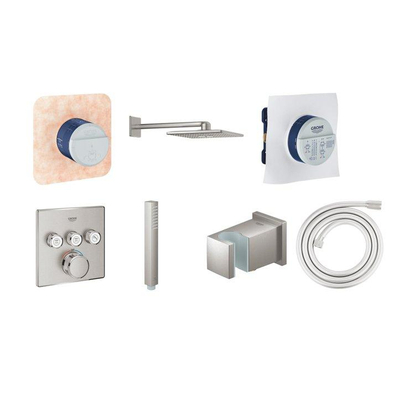 GROHE SmartControl Regendoucheset Inbouw - hoofddouche rechthoekig 31cm - 2 functies - handdouche staaf 1 stand - thermostaat - slang 175cm - brushed supersteel