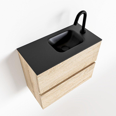 MONDIAZ ADA Toiletmeubel - 60x30x50cm - 1 kraangat - 2 lades - washed oak mat - wasbak rechts - Solid surface - Zwart