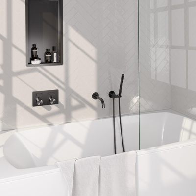 BRAUER gunmetal Edition thermostatische inbouw badkraan - drukknoppen SET 03 - uitloop - staaf handdouche - doucheslang - wandaansluitbocht - gunmetal geborsteld PVD