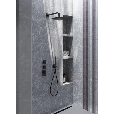 Hotbath Gal IBS40 complete thermostatische high flow douche inbouwset met 2 stopkranen met 35cm wandarm 22cm vierkante hoofddouche staafhanddouche Gunmetal geborsteld PVD