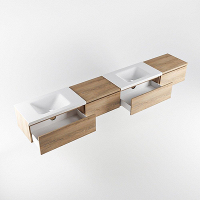 MONDIAZ BUKLA 280cm badmeubel met module 60 links kleur Washed Oak met 4 lades. Wastafel CLOUD dubbel 2 kraangaten kleur Talc.