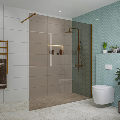 FugaFlow Eccelente Vetro inloopdouche badkamer - 180x200cm - rookglas - wandarm - geborsteld koper