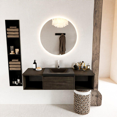 MONDIAZ BUKLA 140cm badmeubel met open module 40 L+R kleur Dark Brown met 1 lade. Wastafel CLOUD midden 1 kraangat kleur Urban.